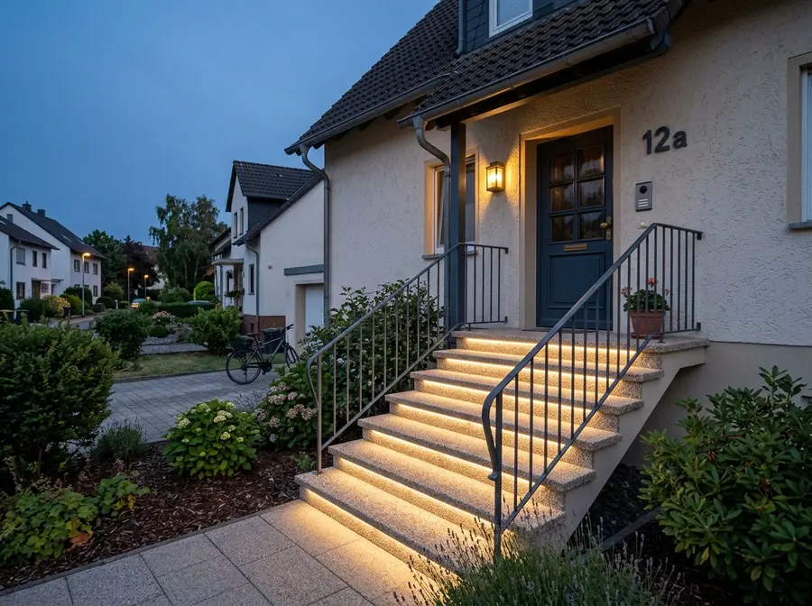 Hauseingangstreppe mit Steinteppich und LED-Stufenlicht