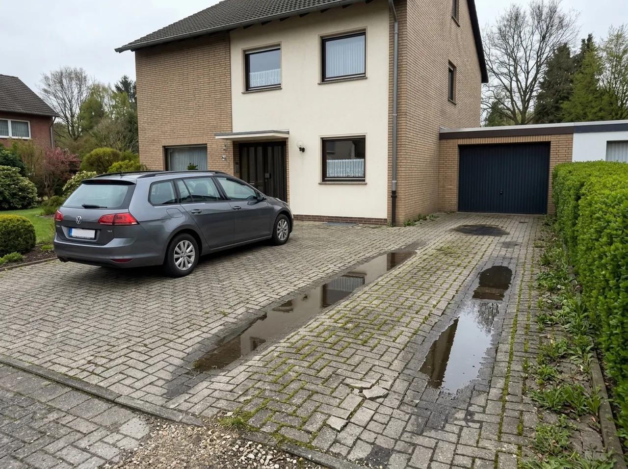 Alte Pflastereinfahrt mit Spurrillen, Unkraut und Pfützen vor der Sanierung