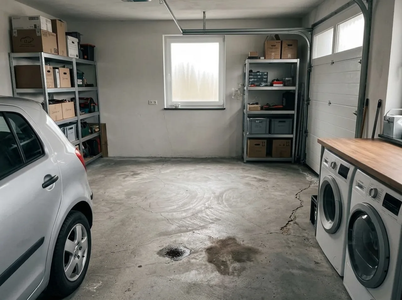 Alter Garagenboden aus Beton mit Ölflecken und Rissen vor der Sanierung
