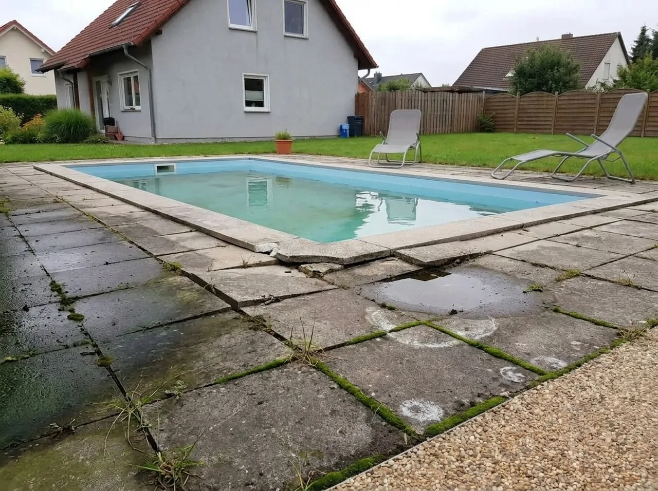 Alte Poolumrandung aus Betonplatten mit Moos und Stolperkanten vor der Sanierung