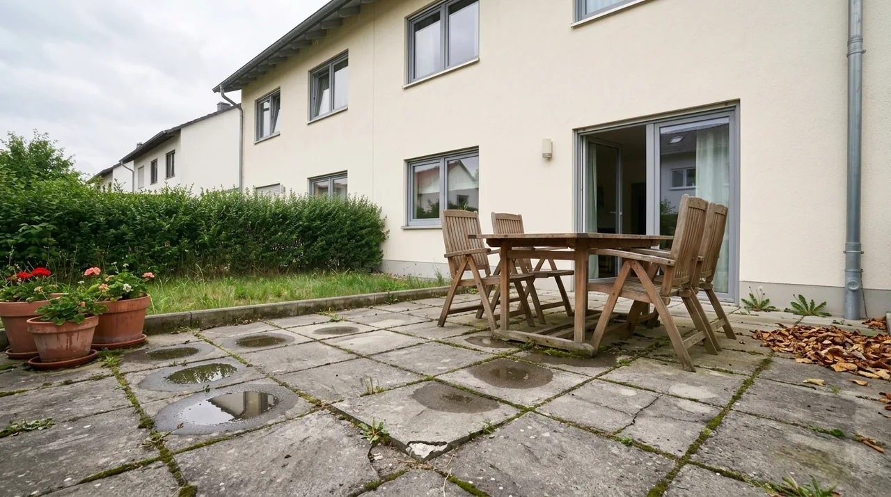 Alte Betonplatten-Terrasse mit offenen Fugen, Moos und Pfützen vor der Sanierung